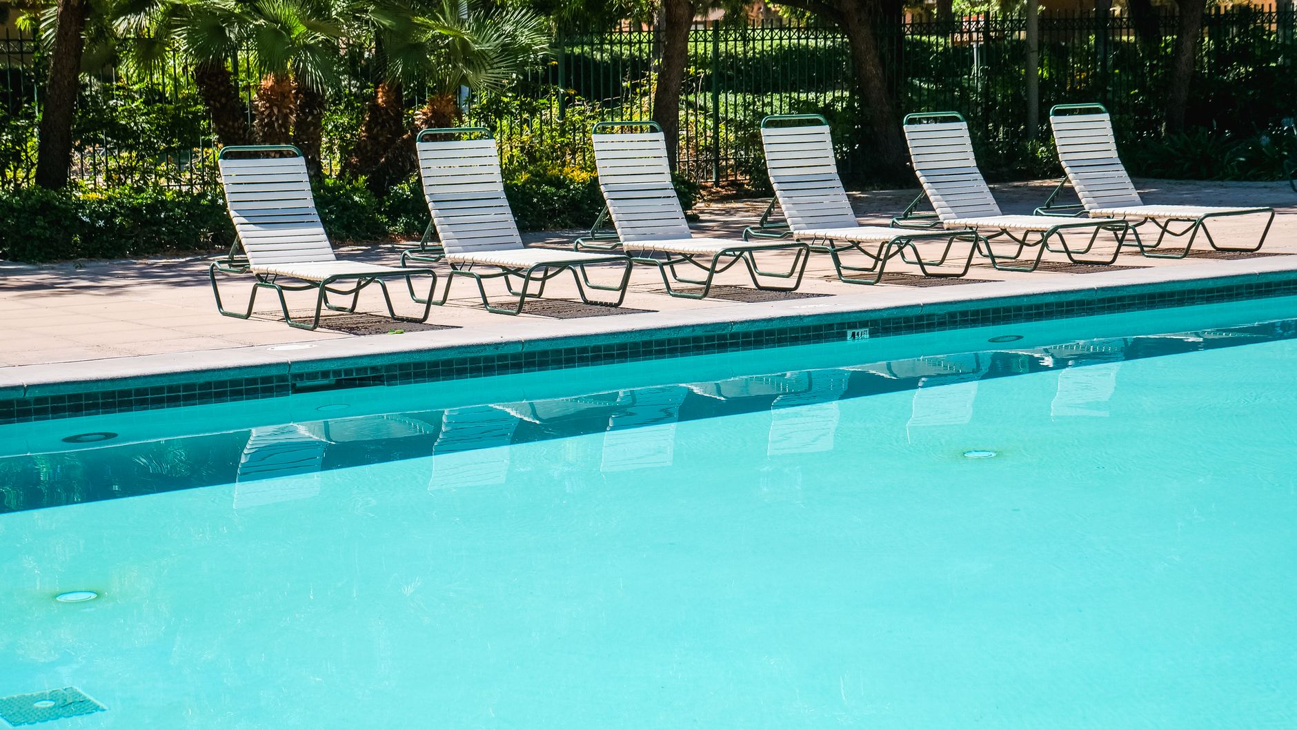 A row of white sun loungers beside a turquoise swimming pool (illustrative stock photo).
